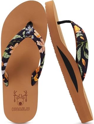 Flip Flops for Women Arch Support Summer Beach Sandals Comfortable Floral in Black Khaki