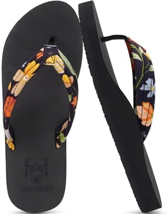 Flip Flops for Women Arch Support Summer Beach Sandals Comfortable Floral Flats Cushion Slides in Black