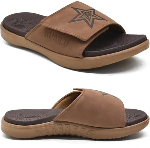 Mens Athletic Slides Wide Adjustable Arch Support in Khaki Brown