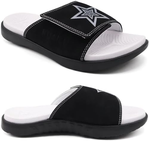 Mens Athletic Slides Wide Adjustable Arch Support in Black White