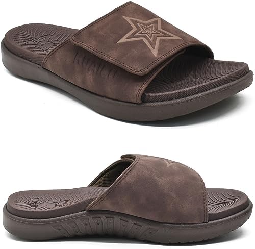 Mens Athletic Slides Wide Adjustable Arch Support in Dark Brown