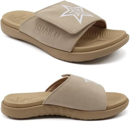 Mens Athletic Slides Wide Adjustable Arch Support in Beige