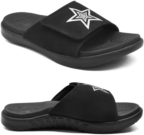 Mens Athletic Slides Wide Adjustable Arch Support in All Black