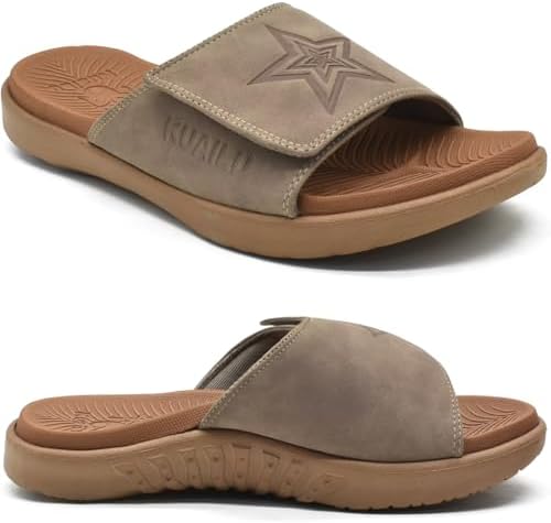 Mens Athletic Slides Wide Adjustable Arch Support in Chestnut