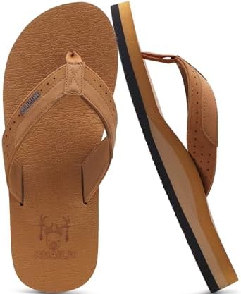 Mens Faux Leather Flip Flops with Comfortable Arch in Bright Brown