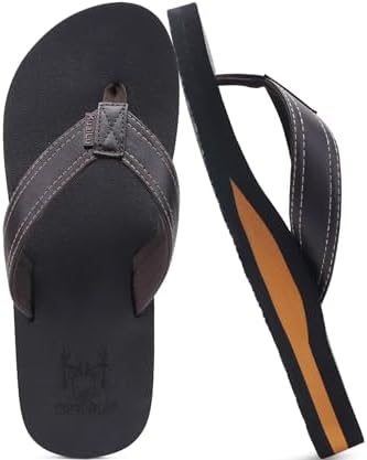 Mens Faux Leather Flip Flops with Comfortable Arch in Brown