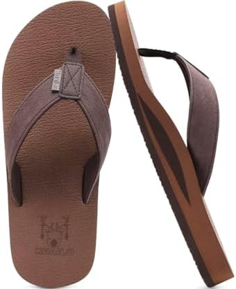 Mens Faux Leather Flip Flops with Comfortable Arch in Coffee