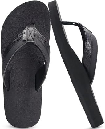 Mens Faux Leather Flip Flops with Comfortable Arch in All Black
