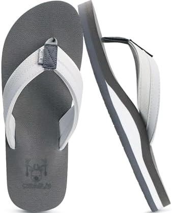 Mens Faux Leather Flip Flops with Comfortable Arch in White Grey