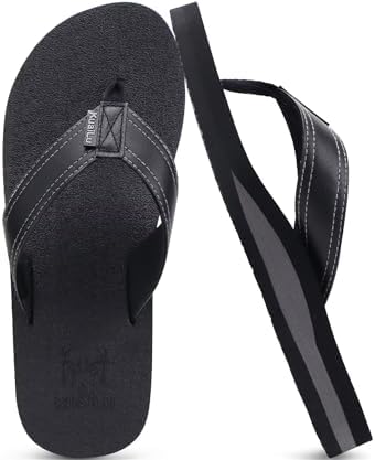 Mens Faux Leather Flip Flops with Comfortable Arch in Black