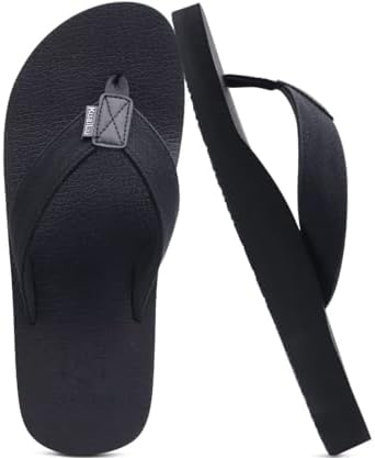 Mens Faux Leather Flip Flops with Comfortable Arch in Coal Black