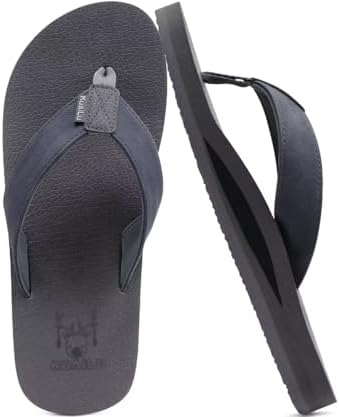 Mens Faux Leather Flip Flops with Comfortable Arch in Dark Grey