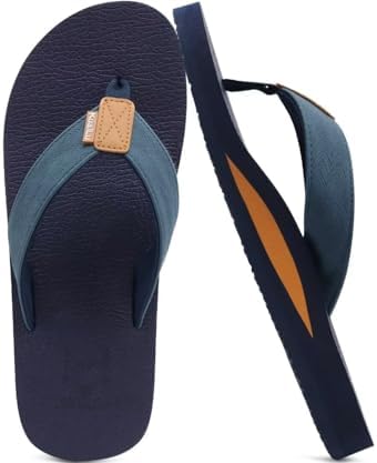 Mens Faux Leather Flip Flops with Comfortable Arch in Navy Blue