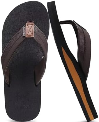 Mens Faux Leather Flip Flops with Comfortable Arch in Dark Brown