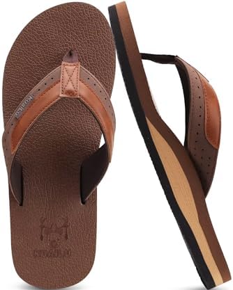 Mens Faux Leather Flip Flops with Comfortable Arch in Reddish Brown