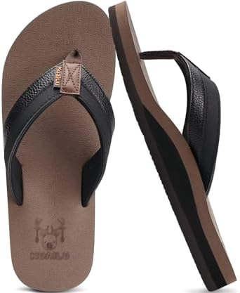 Mens Faux Leather Flip Flops with Comfortable Arch in Black Brown