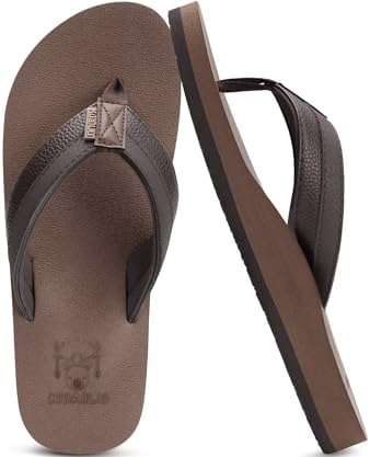 Mens Faux Leather Flip Flops with Comfortable Arch in Brown Reddish