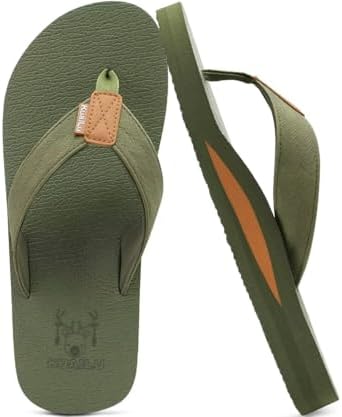 Mens Faux Leather Flip Flops with Comfortable Arch in Army Green