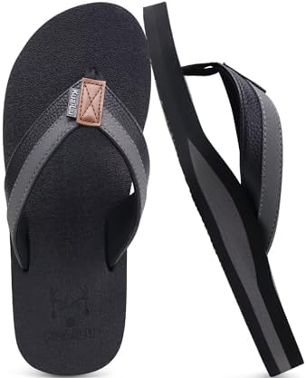Mens Faux Leather Flip Flops with Comfortable Arch in Black Grey