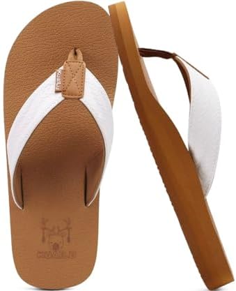Mens Faux Leather Flip Flops with Comfortable Arch in Khaki White