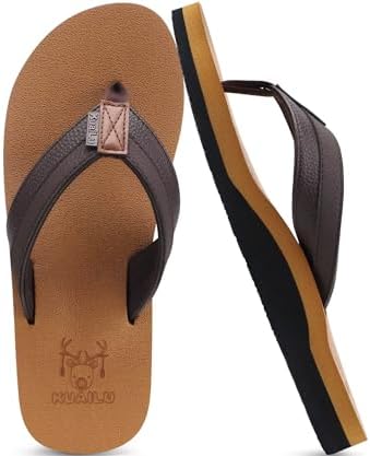 Mens Faux Leather Flip Flops with Comfortable Arch in Khaki