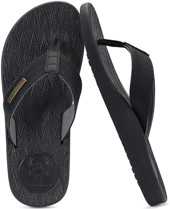 Mens Flip Flops Comfortable Arch Support Waterproof in Pu-Black