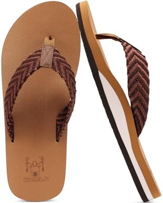 Mens Rubber Flip Flops with Comfortable Arch in Tan Brown
