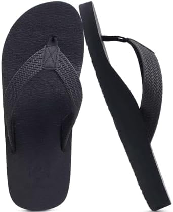 Mens Rubber Flip Flops with Comfortable Arch in Dull Black