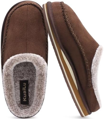 Mens Slippers Arch Support Suede Fluff Plush Home in Brown