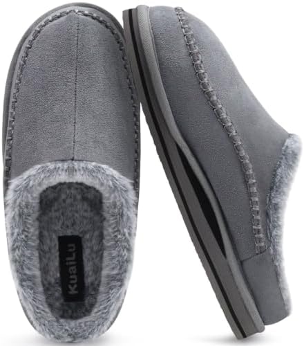 Mens Slippers Arch Support Suede Fluff Plush Home in Grey