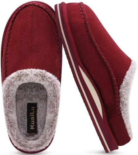 Mens Slippers Arch Support Suede Fluff Plush Home in Red