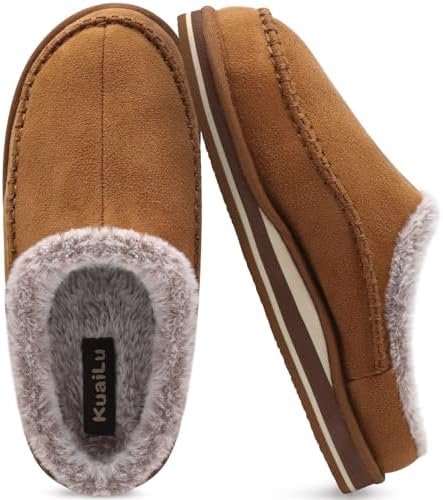 Mens Slippers Arch Support Suede Fluff Plush Home in Khaki