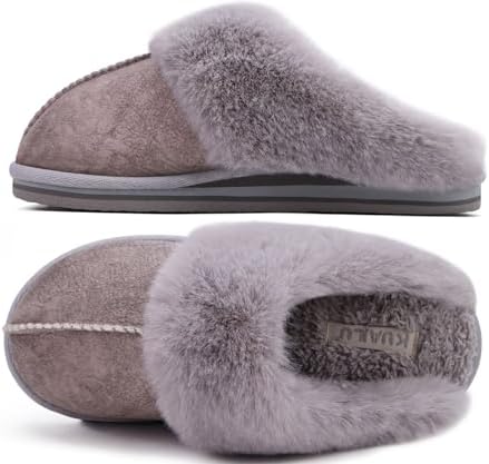 Women Fuzzy Memory Foam Slipper House Shoe Arch Support in Grey