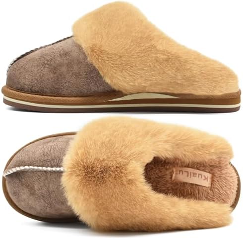 Women Fuzzy Memory Foam Slipper House Shoe Arch Support in Brown