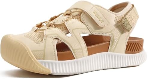 Women Walking Arch Support Closed Toe Sandals in White Khaki