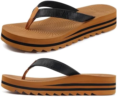 Women's Arch Support Platform Flip Flop Sandals in Black Khaki