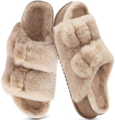 Womens Arch Support Slides Slippers Indoor Outdoor in Beige Plush