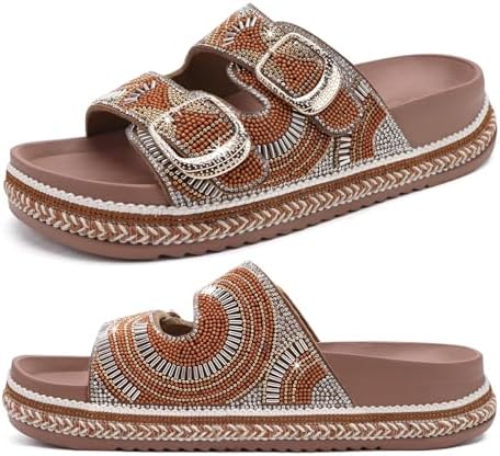Womens Bling Sandals with Arch Support Rhinestones in Brown
