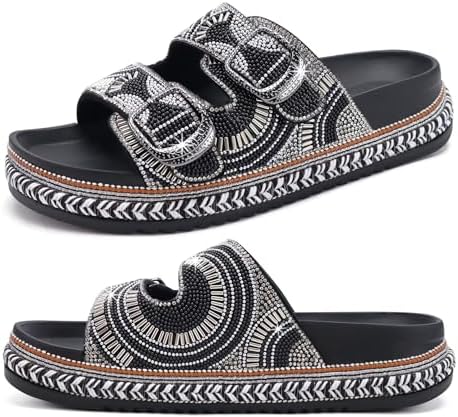 Womens Bling Sandals with Arch Support Rhinestones in All Black