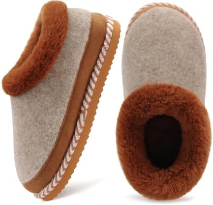 Womens Closed Toe Felt House Slippers Memory Foam in Khaki