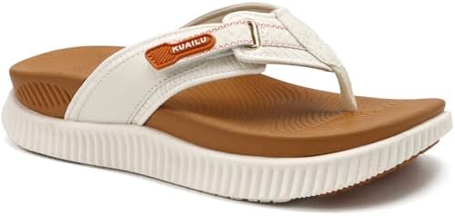 Womens Cushion Flip Flops Sandals with Arch Support in White Khaki
