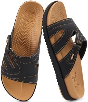 Womens Dressy Sandals Lightweight Cushion Slides in Black Khaki