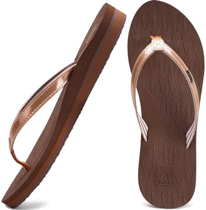 Womens Fashion Flip Flops Ladies Summer Beach Yoga in Shiny Brown