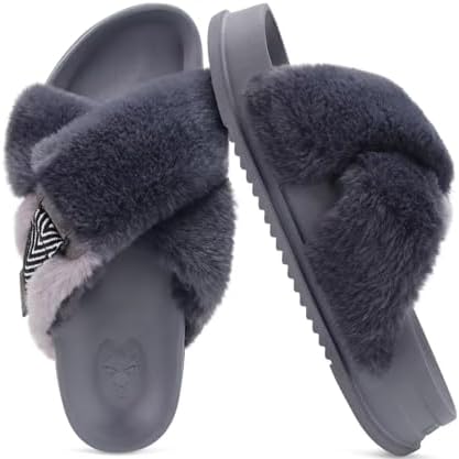 Womens Fuzzy Cross Band Arch Support Memory Foam in Grey