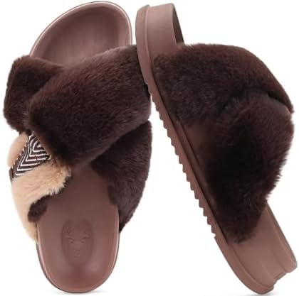 Womens Fuzzy Cross Band Arch Support Memory Foam in Brown