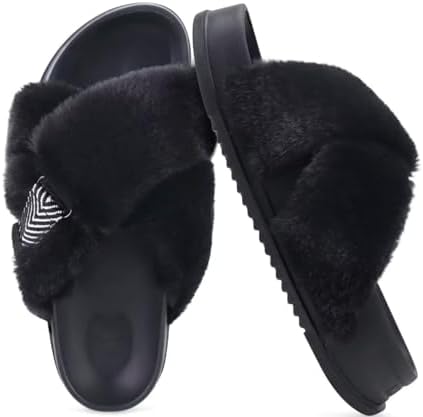 Womens Fuzzy Cross Band Arch Support Memory Foam in Black