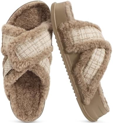 Womens Fuzzy Cross Band Arch Support Memory Foam in Light Brown