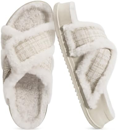 Womens Fuzzy Cross Band Arch Support Memory Foam in Snow White