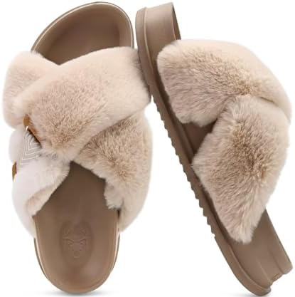 Womens Fuzzy Cross Band Arch Support Memory Foam in Beige