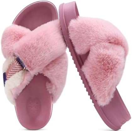 Womens Fuzzy Cross Band Arch Support Memory Foam in Pink